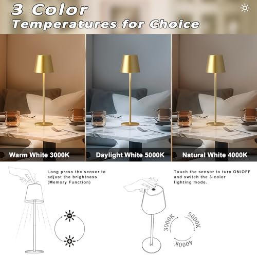 Image of Kakanuo Cordless Table Lamp, Battery Operated Lamp, Portable LED Wireless Rechargeable Lamp, 3 Color Stepless Small Table Lamp for Restaurant, Bar, Party, Camping and Bedroom - Gold