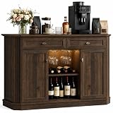 Walnut Coffee Bar with 2 Drawers & 2 Doors, LED Wine Bar Cabinet with Wine Glasses, Coffee Station with Built-in Outlets, Buffet Cabinet Sideboard with Extra Storage for Living Room Kitchen Entryway