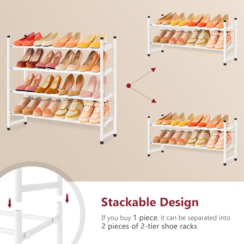 Image of Tajsoon Expandable Shoe Rack for Closet 4 Tier, 29 inch-41 inchAdjustable & Stackable Shoe Shelf Storage, Metal Shoe Rack Organizer for Front Door Entrance, Closet, Garage, Entryway, White