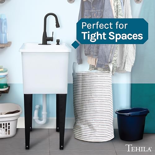 Image of White Space Saver Utility Sink by JS Jackson Supplies, Freestanding Tehila Space Saving Laundry Tub, Black Pull-Down Faucet, Soap Dispenser
