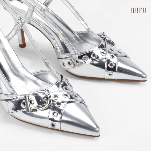 Image of IDIFU IN3 Slingback Kitten Heels for Women Stiletto Heel Closed Pointed Toe Pumps Buckle Straps Dress Shoes Sexy Prom Party Work Trendy Fashion Comfortable Pumps Dressy Shoes
