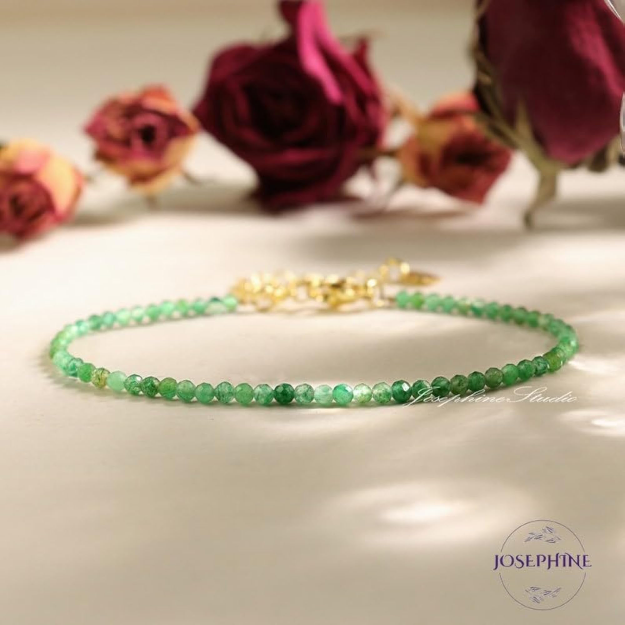 Emerald Round Beaded Bracelet, Adjustable Gold Lock