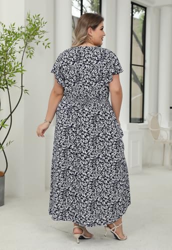 Image of Nemidor Womens Plus Size Boho Ditsy Floral Print Casual Smocked Flared Maxi Long Dress with Pocket