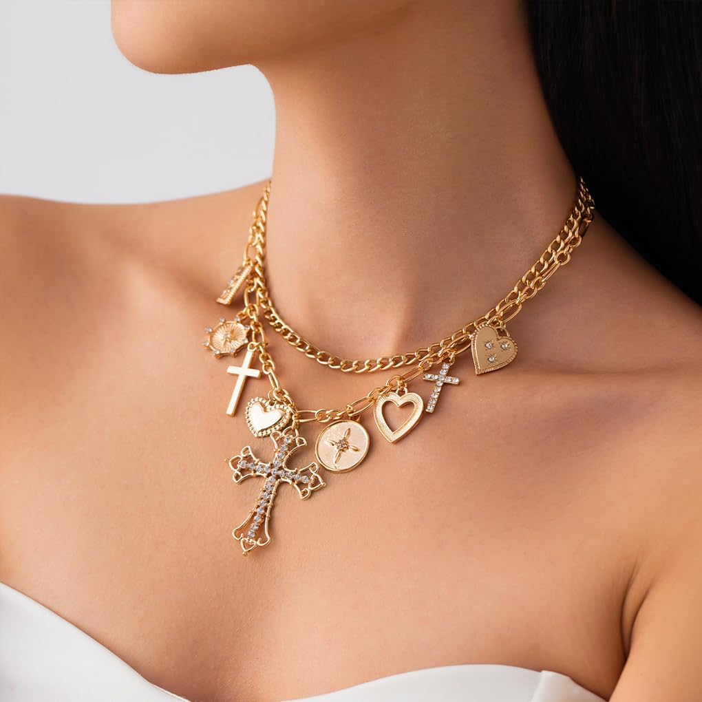 Layered Gold Cross Heart Choker Necklaces for Women Punk Rhinestone Coin Crucifix Pendant Necklace Chunky Adjustable Love Necklace Jewelry Accessories - Image 5