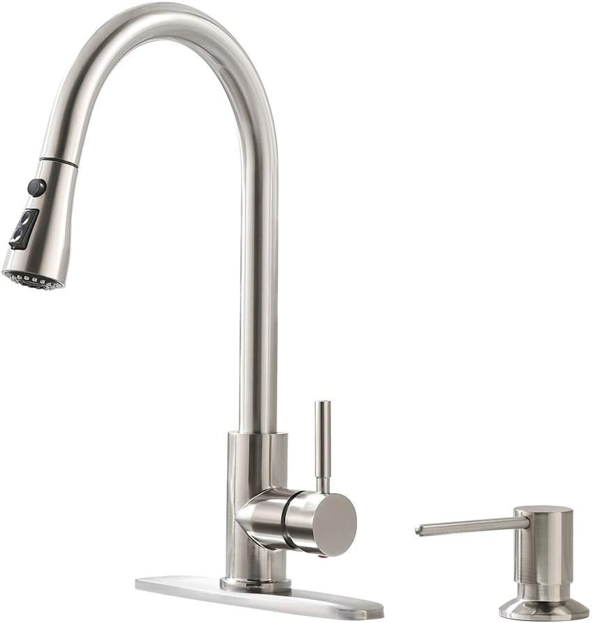 Bokaiya High Arch Stainless Steel Singl Handle Pull Down Sprayer Brushed Nickel Kitchen Sink Faucet, Kitchen Faucet with Soap Dispenser