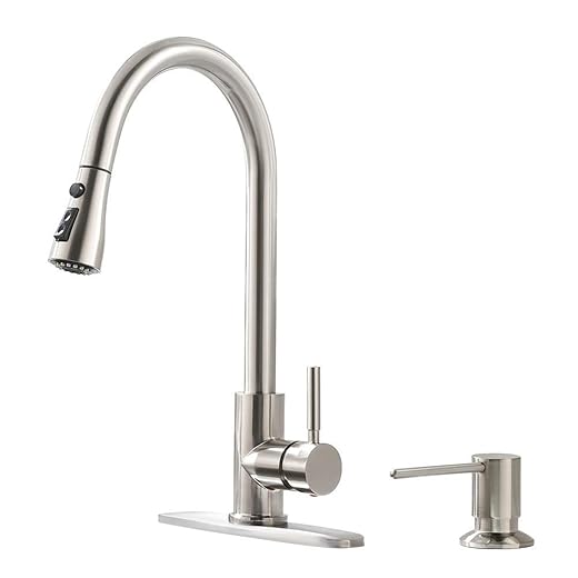 Bokaiya High Arch Stainless Steel Singl Handle Pull Down Sprayer Brushed Nickel Kitchen Sink Faucet, Kitchen Faucet with Soap Dispenser