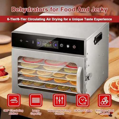 6/8-Tier Food Dehydrator, 400W Stainless Steel Dehydrator with 24H Timer & Temperature Control (30-90°C) for Jerky, Meat, Fruits, Veggies & Dog Treats - Home & Commercial Use image 2