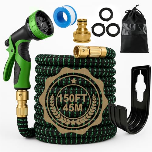 Flexibler Gartenschlauch 45M – Dehnbarer Wasserschlauch mit 10 Sprühfunktionen, Inkl. 1/2' & 3/4' Anschlussadapter – Robustes, Leckdichtes Design für Garten, Autowäsche & Pflanzenbewässerung