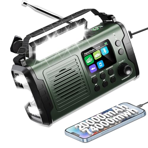 Radio a manovella da 20000 mAh con Bluetooth, radio solare di emergenza DAB/FM con scheda TF, AUX IN, schermo TFT, radio DAB+/FM con torcia LED e luce di lettura, USB, SOS per campeggio, emergenze