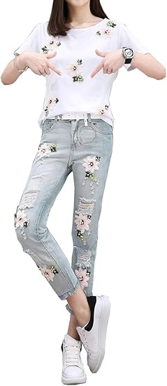 Amazon Fevon セットアップ レディース Tシャツ ジーンズ 上下2点セット 春夏 カジュアル おしゃれ トップス カットソー 半袖 デニムパンツ 花の刺繍 ダメージ ズボン 着回し ファッション お出かけ 通学 パンツスーツ 通販 Amazon Fevon セットアップ レディース Tシャツ ジーンズ 上下2点セット 春夏 カジュアル おしゃれ トップス カットソー 半袖 デニムパンツ 花の刺繍 ダメージ ズボン 着回し ファッション お出かけ 通学 パンツスーツ 通販