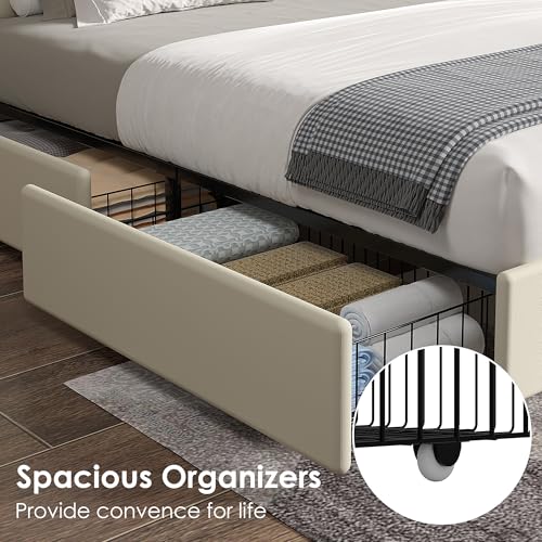 Image of VECELO King Size Upholstered Bed Frame with 4 Storage Drawers, Adjustable Velvet Rivet Decor Headboard, Wooden Slats Platform Support, No Box Spring Needed, Easy Assembly,Beige