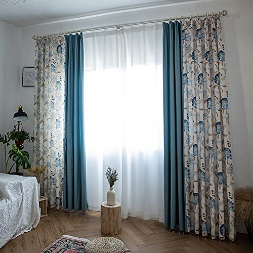 Blue Grey Flowers Blackout Curtain Cotton Linen Printed Pastoral Curtains Pencil Pleat 2 Panels for Livingroom Bedroom,W200xL250cm