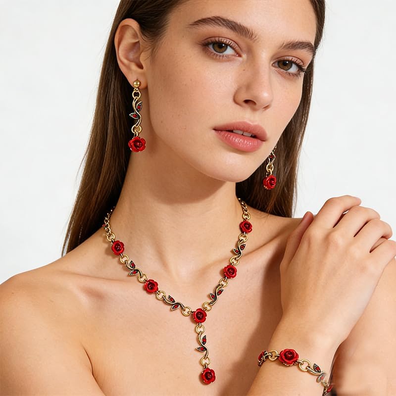 ONLYJUMP 3Pcs Red Rose Jewelry Set for Women Vintage French Flower Pendant Necklace Bracelet Dangle Earrings Alloy Enamel Accessory for Wedding Prom Valentine's Birthday Gifts - Image 2