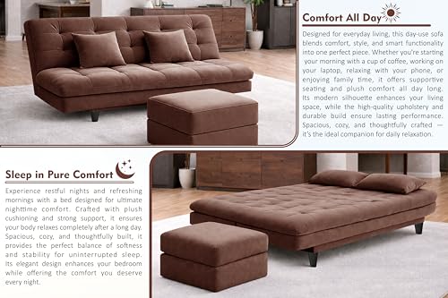 Image of Rosebell Modern Three-Seater Sofa Cum Bed - Foldable Velevt Fabric Sofa, Foam Seating, Stylish Design for Living Room, Guest Room & Office-Brown