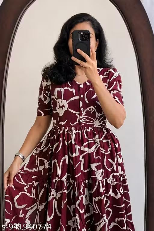 Image of Women's Rayon Printed Floral Gown Dress, Short Sleeve, Tiered Midi Dress