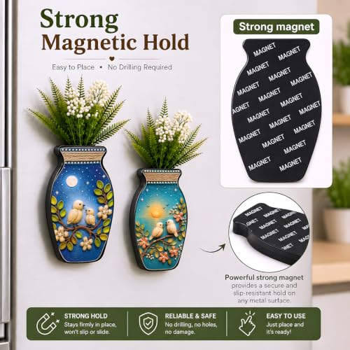 Image of Regalo Casila Magnetic Artificial Flower Vase Fridge Magnets Set of 2 Bird Floral Art Nature Inspired Decorative Refrigerator Kitchen Home Office Decor Housewarming Gift
