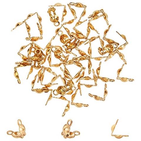 UNICRAFTALE 50pcs Golden Bead Tips Stainless Steel Calotte Ends Open Clamshell Knot Covers Fold-Over Bead Tips 1mm Small Hole End Caps for Knots & Crimp Findings Crafts 5x3x2mm Cover