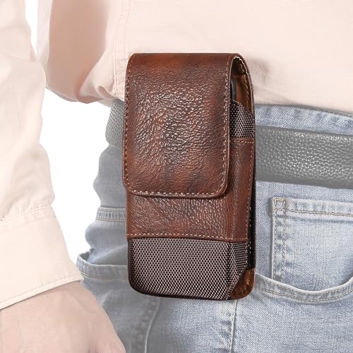 Leather Phone Holster for iPhone 15/14/13/12 Pro Max,for Galaxy S24/S23/S22/S21/S20 Ultra Belt Clip Carry Case[Magnetic][Card Holder],Brown