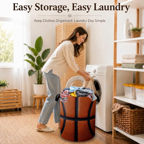 Image of Basketball Texture Laundry Basket with Handles, Foldable Tall Oxford Clothes Hamper, Lightweight Water-Resistant Storage Bin for Bedroom Bathroom College Dorm, 16 x 20.8 Inch