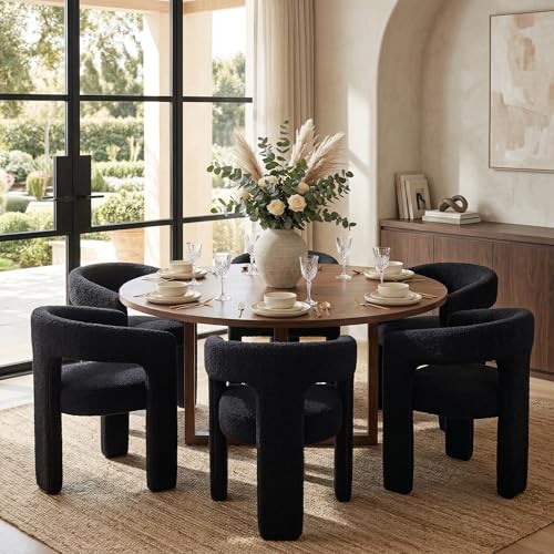 Image of HNY Modern Barrel Kitchen & Dining Room Chairs Set of 6, Sherpa Upholstered Accent Chairs with Arm, 18.5'' Wide Side Armchairs Vanity Chairs for Living Room Bedroom Makeup Small Spaces, Black