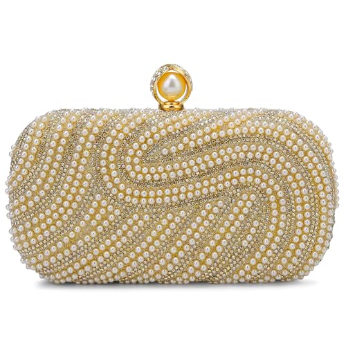 Image of YYW Womens Pearl Clutch Purse Evening Handbags Beaded Bag for Wedding Bride Party with Chain