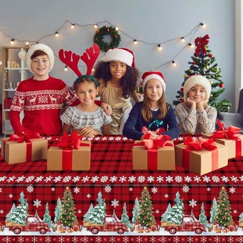 Christmas Tablecloth Christmas Red Truck Buffalo Plaid Tablecloths Christmas Snowflake Table Cover for Christmas New Year Birthday Holiday Party Decorations, 54x108 inch – Image 7