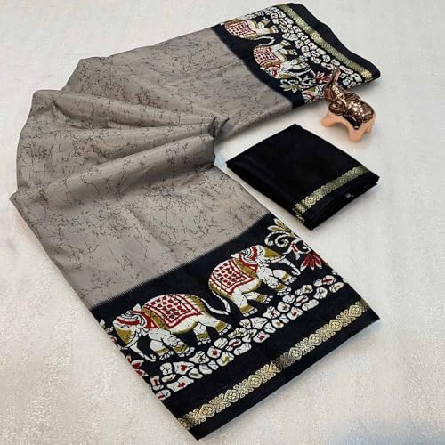 Image of SATIKA VASTRAM Tussar Silk Saree Kalamkari Elephant Print Pure Soft Zari Weaving Contrast Border And Pallu Attach Blouse Piece