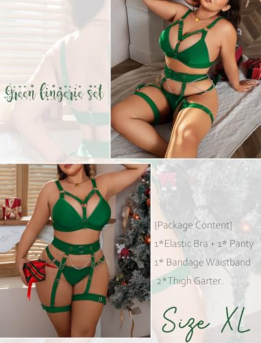 Image of Alrovetoney Sexy Garter Lingerie For Women Lingerie Se with Garter Belt Lace Bodysuit Teddy with Panty Green Medium