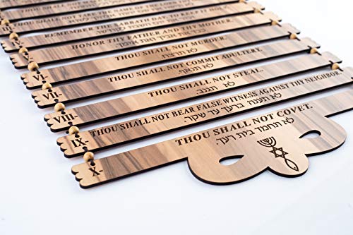 Olive Wood Gifts Shop Handcrafted ‘The Ten Commandments’ Plaque, (19.5*11.5 Inch, English/Hebrew), Kjv (Exodus 20:1-17) Wall Hanging Art Decor With Laser Engraving On Wooden Blocks From The Holy Land, Grain #TOP3