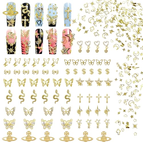 Laza 370pcs Gold Nail Charms Y2k Alloy Nail Art Charms 3D Love Snake Butterfly Pendant Nail Rhinestones Gothic Gold Multi-Shapes Metallic Studs Nail Art...