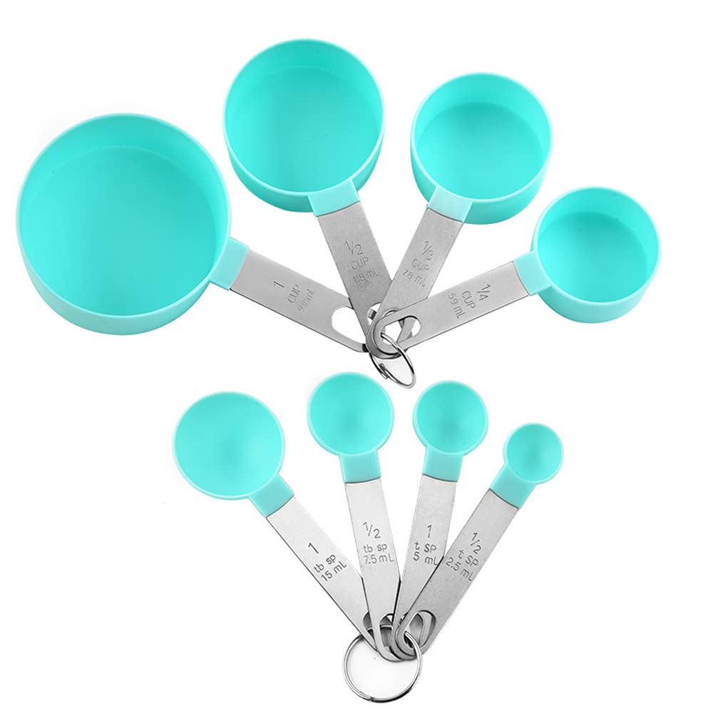 FUYTERY 8pcs Measuring Cups and Spoons Set Stainless Steel Stackable Kitchen Tool (Blue-Green)