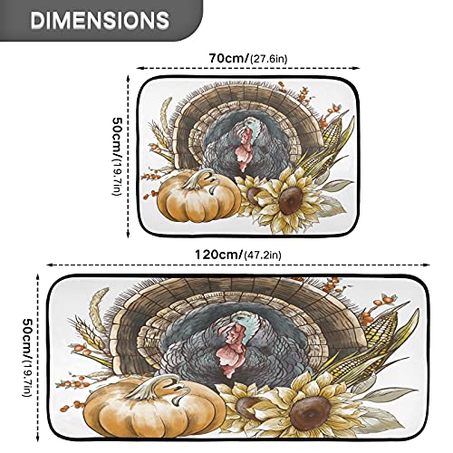 Krafig Happy Thanksgiving Turkey Sunflower Kitchen Rug Set Of 2, Washable Non-Slip Anti Fatigue Comfort Memory Foam Rubber Backing Rug For Kitchen Floor Living Room Bedroom Bathroom Laundry Room #TOP1