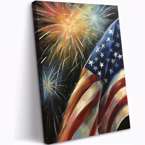 UZMKM American Flag Canvas Wall Art with Fireworks Patriotic Canvas