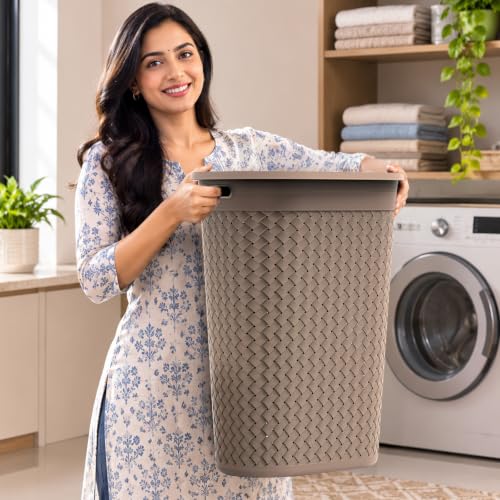 Image of KOLORR Stitch Laundry Basket 55L Woven Design Plastic Laundry Basket with Lid - Durable Organizer for Clothes, Towels, Laundry & Home Storage Pack of 1 With Lids - Light Brown