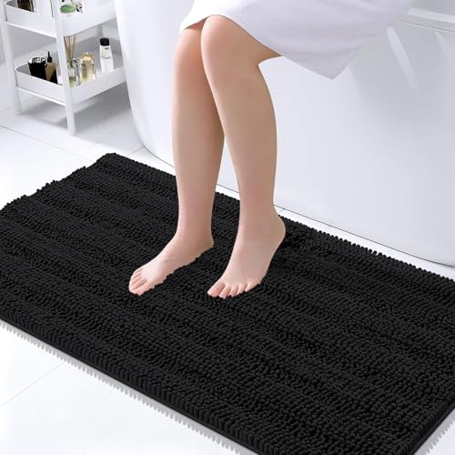 Image of OLANLY Thick Large Bathroom Rugs 45x27, Extra Soft Absorbent Chenille Striped Bath Rugs, Rubber Backing, Machine Wash Dry, Bath Mats for Bathroom Floor, Tub and Shower, Home Decor Accessories, Black