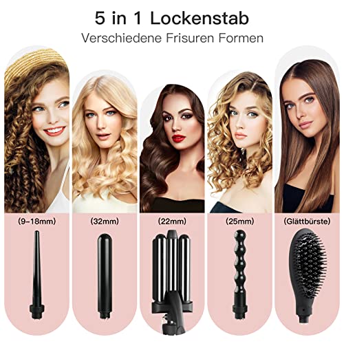 Foto von Lockenstab Set, 5 in 1, mit Verschiedenen Aufsätzen, [Turmalin Keramik] Welleneisen,Glättbürste, [mit Aufbewahrungsbox] LED Display, Große und Kleine Locken für alle Haarstylings