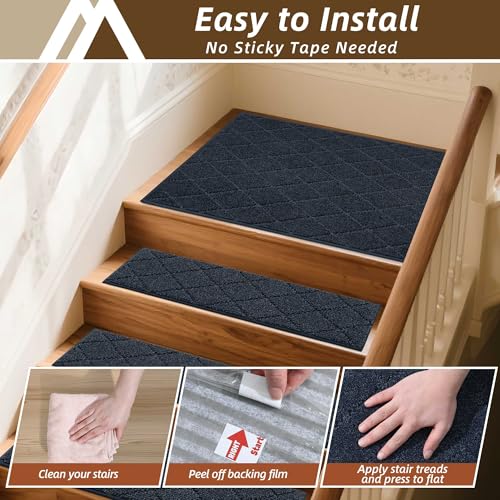 Image of COSY HOMEER Stair Landing Rugs Non-Slip Corner Indoor Edging Stair Treads for Wooden Steps,Washable Soft Stair Landing Mat for Kids,Elder and Dogs,Polyester,TPE Backing,Navy,30x30inch