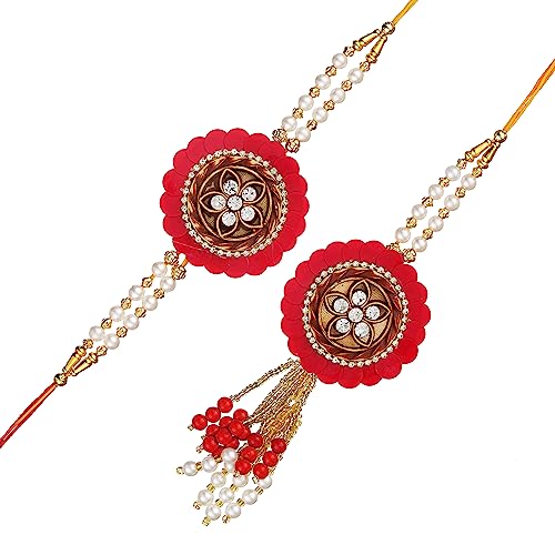 Image of eCraftIndia Pearls Designer Bhaiya Bhabhi Rakhi Set with Roli Chawal Pack | Rakhis for Brother Bhaiya Bhai