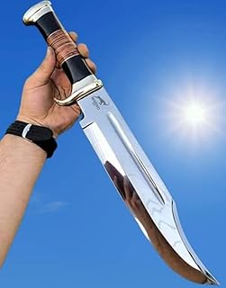 D2 18 Inches Large Crocodile Dundee Bowie Knife with Leather Sheath Fixed Blade Knife with Leather and Horn Handle for Outdoor Camping - WARIVO KNIFE