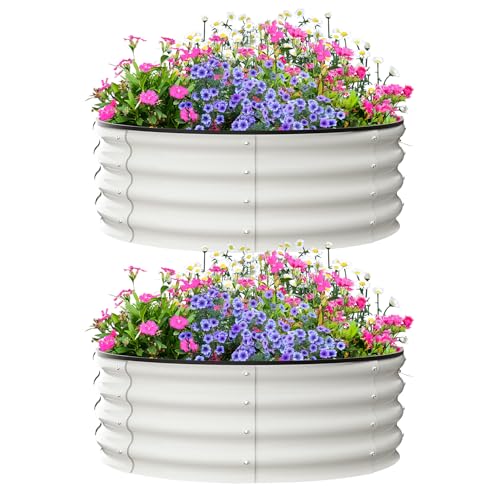 GarveeLife Raised Garden Beds Outdoor, 2 Pack 3x3x1 FT Galvanized Raised Garden Bed for Gardening, Round Metal Planter Box for Planting Plants Vegetables and Flower, White