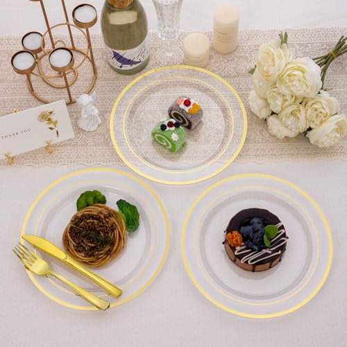 Image of Goodluck 200PCS Clear Gold Plastic Plates, Heavy Duty Disposable Plates