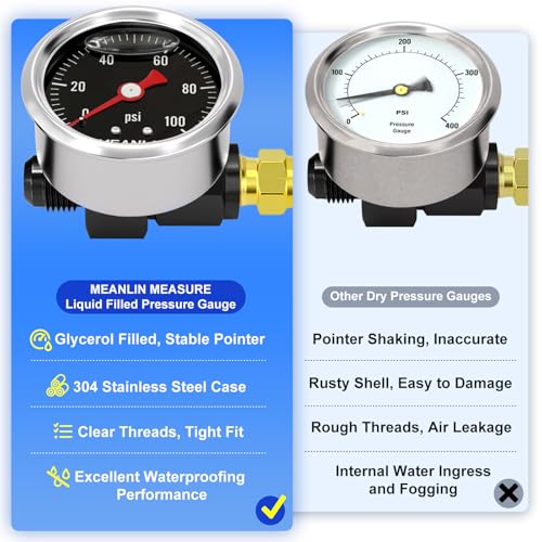 Image of MEANLIN MEASURE 0~100Psi Black Stainless Steel Glycerin Filled Pressure Gauge 1 /8 inch NPT 1.5 inch FACE DIAL, with 6AN Pressure Take Off Fitting, Liquid Filled Pressure Gauge WOG Water Oil Air Back Mount