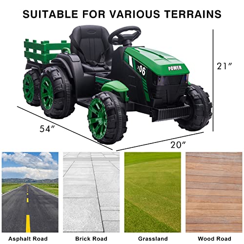 Ottaro Kids Ride On Tractor, 12V 7Ah Battery Powered Electric Tractor With Large Trailer, Remote Control, Usb, Led Lights, Audio, Safety Belt, Green #TOP4