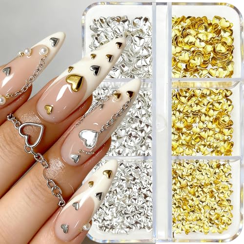 6grids Small Heart Nail Studs 3D Metal Heart Charms for Nails Design Cute Hearts Gold Silver Nail Charms and Gems Rhinestones for Nails Supplies Women Fingernail Decor Jewels Manicure Accessories