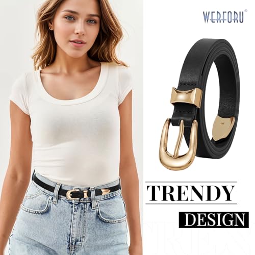 WERFORU Women Belt for Jeans Pants Thin Belts for Women Fashion Skinny Belt Black and Gold 0.71" Width2