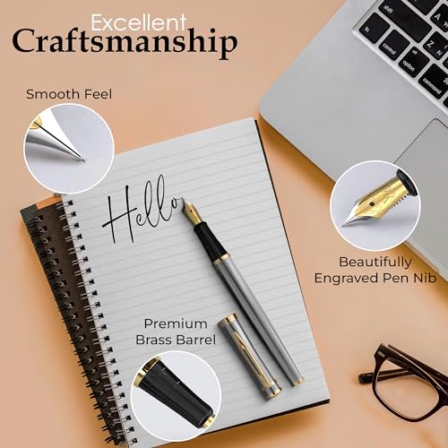 Image of Wordsworth & Black Fountain Pen Set for Writing,Extra Fine Nib, Silver | Gift for Men & Women, Brass Body, 18K German Iridium, Calligraphy, Converter + 24 Ink Cartridges, Refillable, Leak-Free