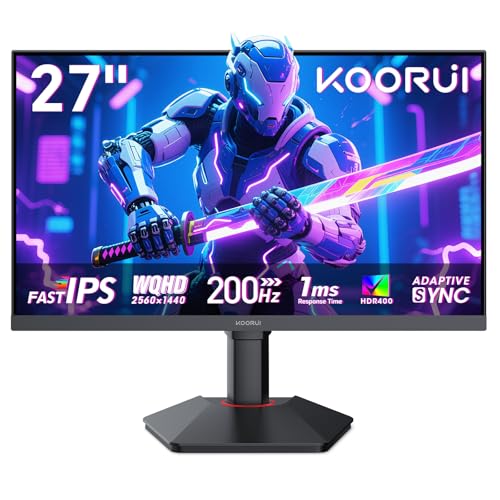 KOORUI 27 Zoll Gaming Monitor 200Hz, Fast IPS PC Bildschirm QHD2560x1440, Adaptive Sync 1ms, HDR400,HDMI 2.0 & DP 1.4, VESA 75x75 mm, Höhenverstellbar