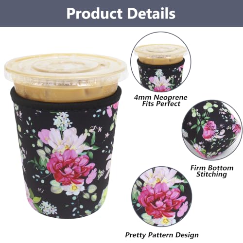 Image of 3 Pack Reusable Iced Coffee Sleeves - Xumbtvs Insulator Sleeve for Cold Beverages, Neoprene Coffee Cup Holder (Black Floral)