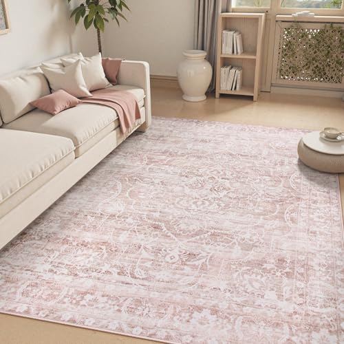 Image of Lahome Pink Rug 6x9 Area Rugs - Soft Washable Rugs for Bedroom Aesthetic-Rugs for Living Room Non Slip Ultra Thin,Boho Girls Playroom Farmhouse Stain Resistant Carpet for Office Aube (Pink, 6'X9')
