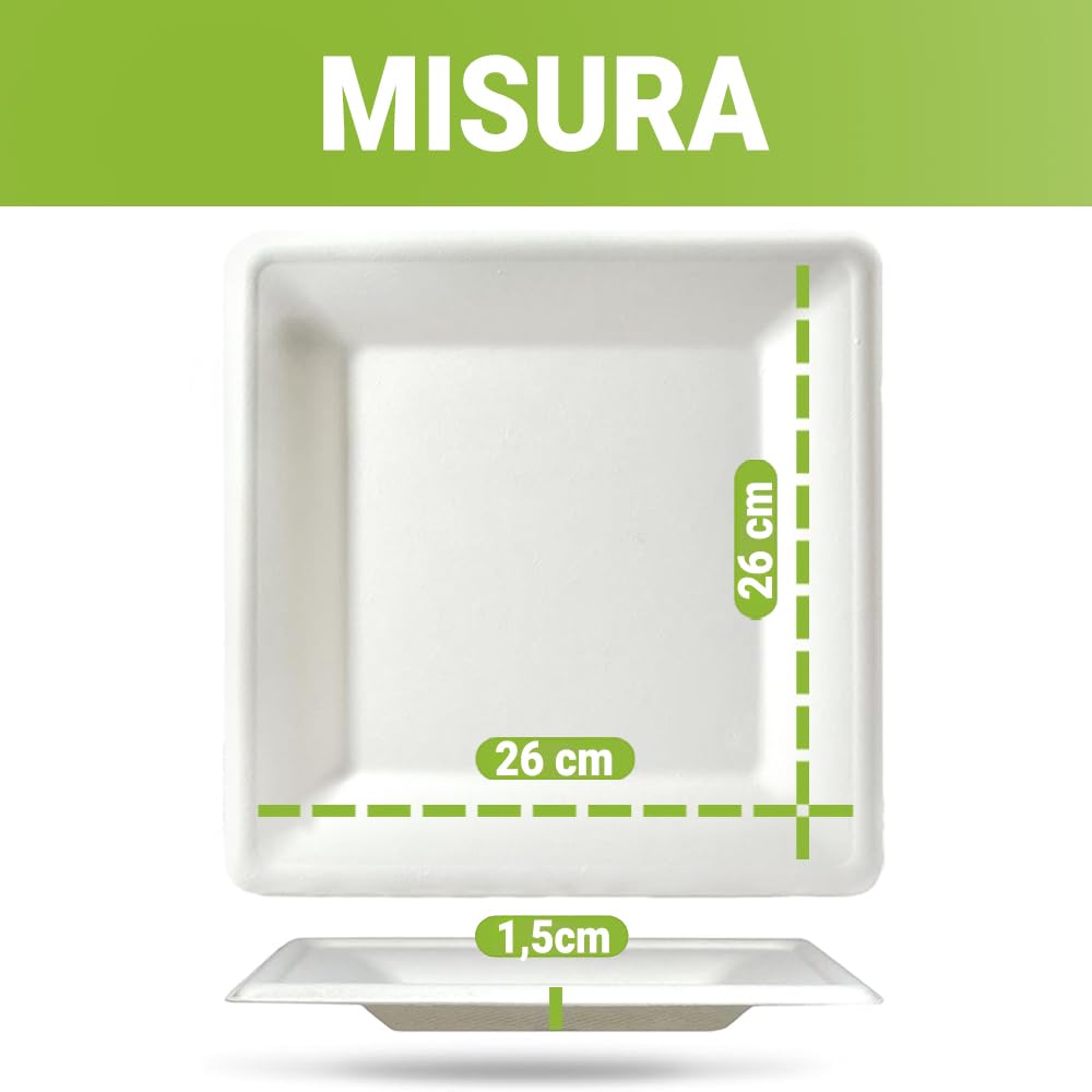 G.M. DISTRIBUZIONE 500 Piatti Quadrati Bianchi in Polpa di Cellulosa 26x26 cm, Ideale per Cibi Caldi e Freddi, Piatti Imperameabili Usa e Getta Adatti al Microonde, Biodegradabili e Compostabili